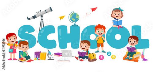 happy cute kid boy and girl on school poster
