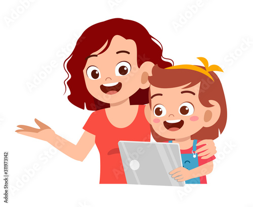 happy cute kid girl play tablet with mom
