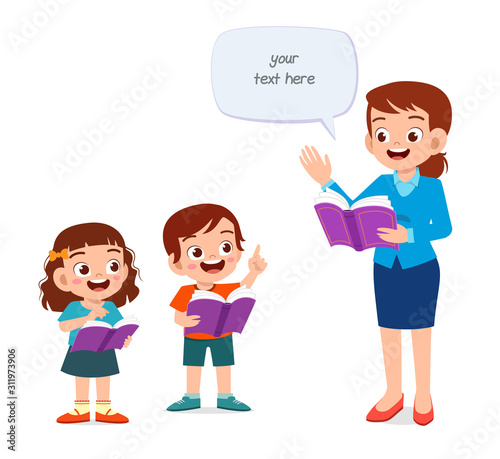 happy cute kids boy and girl study with teacher
