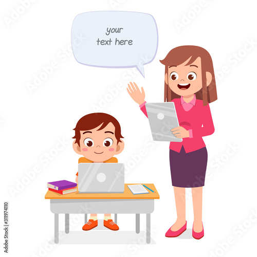 happy cute kid and boy study with teacher