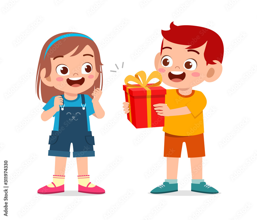 happy cute kid boy give present to friend happy cute kid boy give present to friend