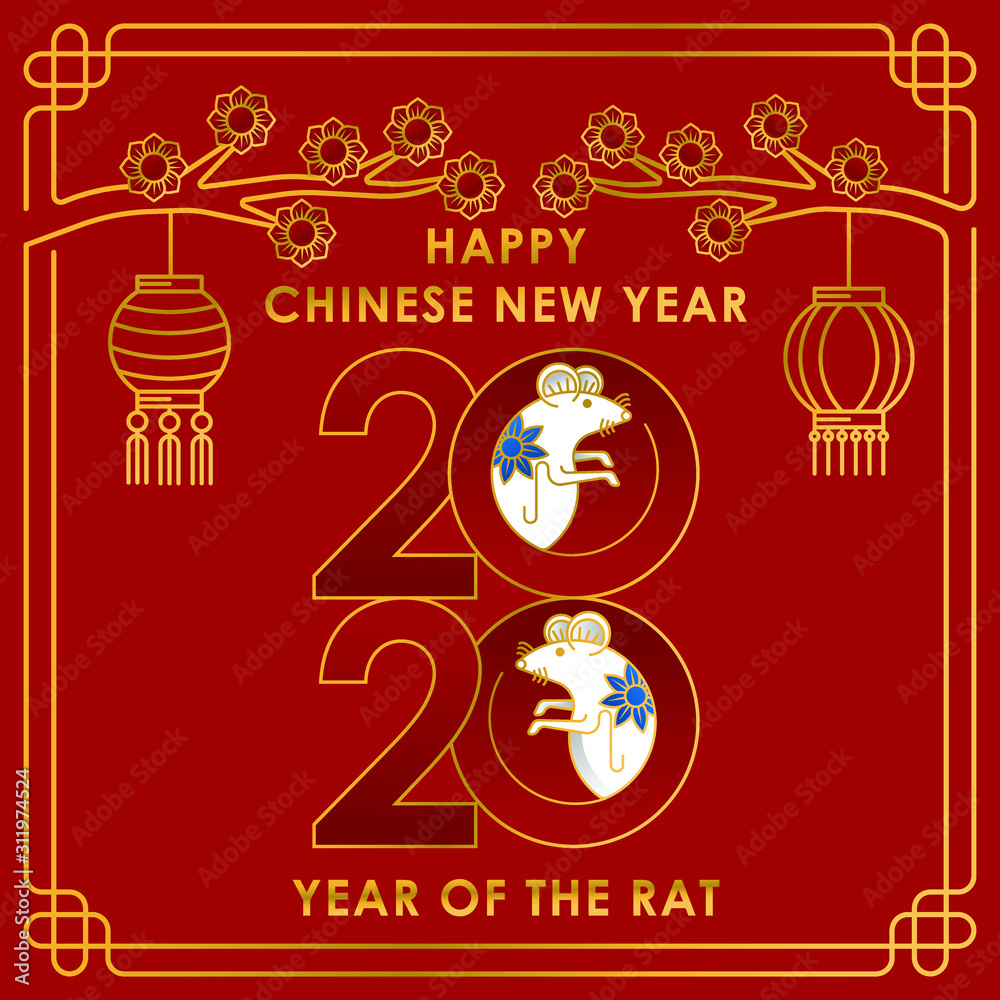 Naklejka premium 2020 Chinese New Year decorative elements. Happy Chinese New Year 2020, new year, Chinese new year 2020 year of the rat, Chinese new year greetings, Year of the Rat, lunar new year, 2020 Beginning con