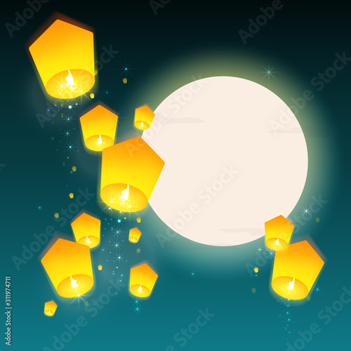 Lanterns floating at night sky with moon. Design banner for Chinese New Year, Mid Autumn Festival and Lantern Festival. Vector illustration. 
