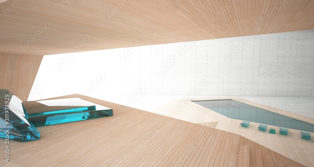 Abstract architectural concrete, wood and glass interior of a minimalist house with swimming pool and large window. 3D illustration and rendering. Abstract architectural concrete, wood and glass interior of a minimalist house with swimming pool and large window. 3D illustration and rendering.