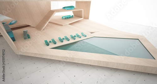 Abstract architectural concrete, wood and glass interior of a minimalist house with swimming pool and large window. 3D illustration and rendering.