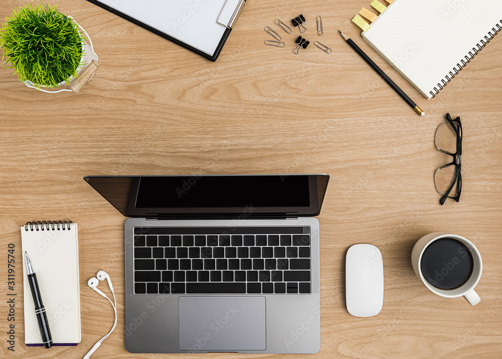 Top view Wood office desk table. Flat lay Workspace Top view Wood office desk table. Flat lay Workspace