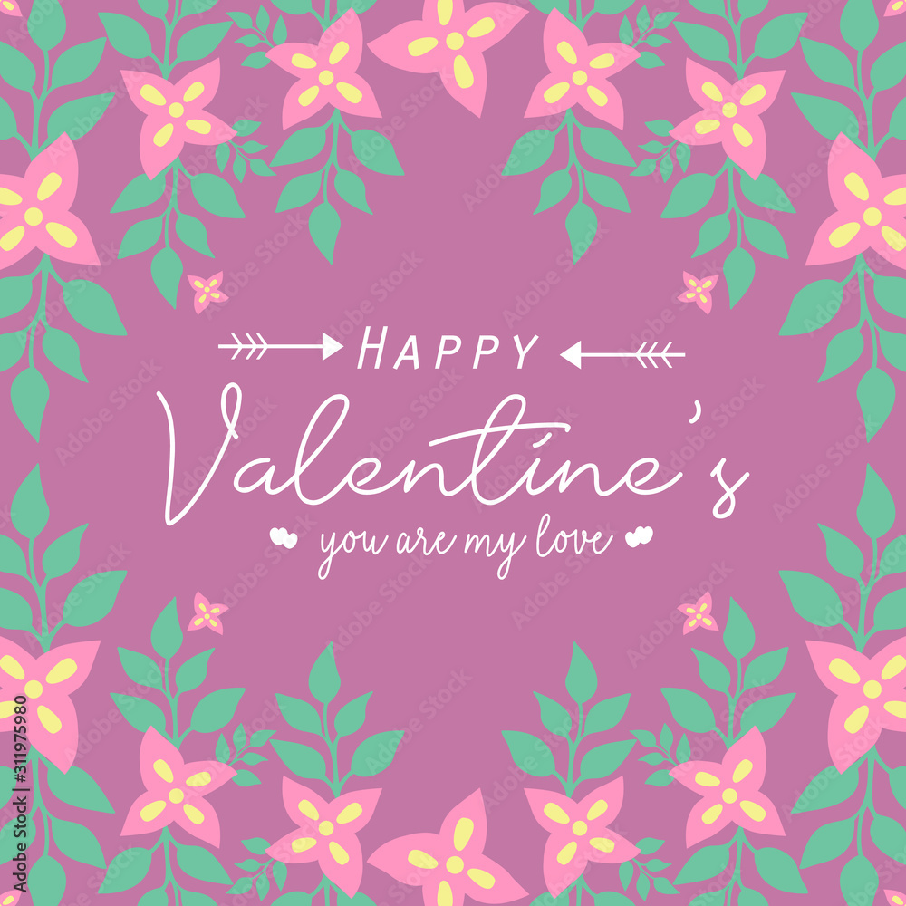 Happy valentine modern greeting card, with leaf and floral elegant frame. Vector