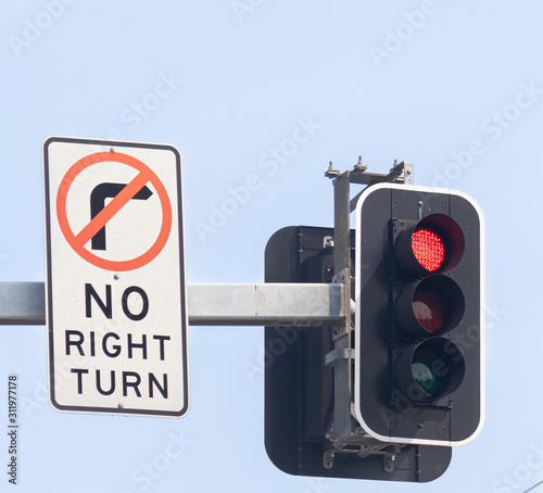red light sign , Road sign , Red sign for cars with stop sign at headlight and turn right signpost.