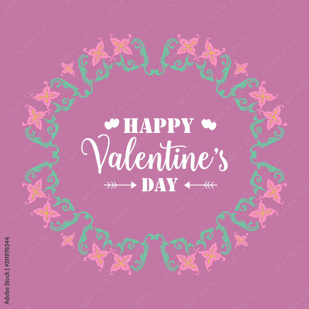 Pattern leaf and floral frame elegant, with magenta background, for happy valentine poster design. Vector