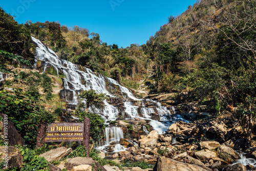 Mae ya waterfall with Thai and English label "Mae Ya Waterfall"