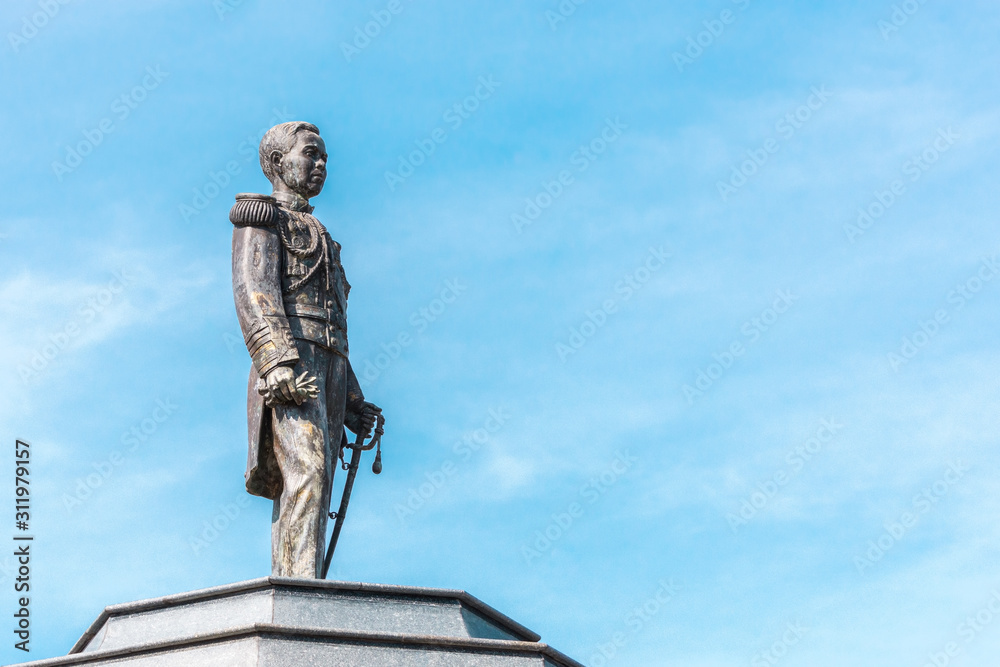 Naklejka premium Krommaluang Chumphon Monument against the blue sky and clouds. The Father of our Thai Navy (Prince of Chumphon).