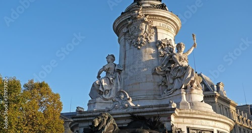 The Place de la republique, Paris, Île-de-France, France.Monument at the centre of the Place de la République, topped by a statue of Marianne photo