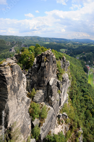 Sheer cliffs of the Elbe Sandstone Mountains in the state of Saxony in southeastern Germany and the North Bohemian region of the Czech Republic.