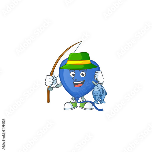 Cheerful face Fishing blue love balloon mascot design