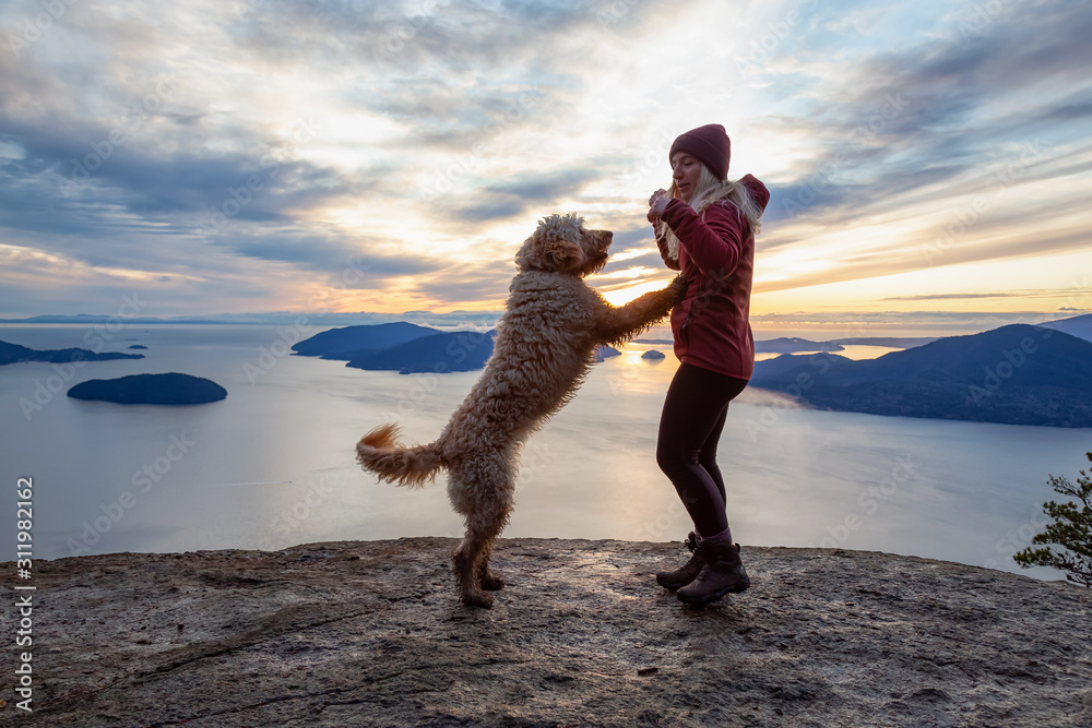 Naklejka premium Adventurous Girl Hiking on top of a Mountain with a dog during a colorful sunset. Taken on Tunnel Bluffs Hike, near Vancouver and Squamish, British Columbia, Canada.