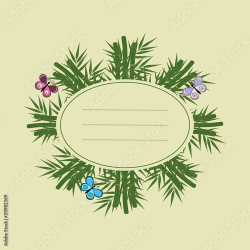 round frame made of bamboo and bamboo sheets with butterflies, light beige background, green leaves, vector
