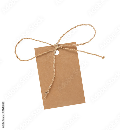 blank paper label with rope tied isolated on white with clipping path