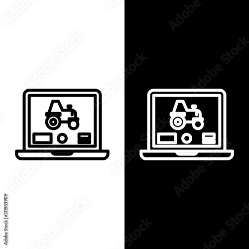 Set line Laptop application for control a autonomous tractor on a smart farm icon isolated on black and white background. Smart agriculture implement.  Vector Illustration