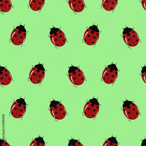 Seamless pattern with cute ladybug on a green background. Vector illustration.