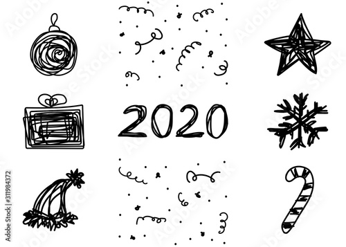 Christmas set star, gift, ball, candy, snowflake, Santa hat on a white background. Hand-drawn tangled black line of Christmas decorations. Symbols of winter holidays. Messy Vector Illustration