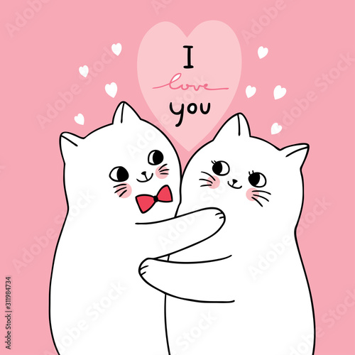Cartoon cute Valentines day white cats lover vector.