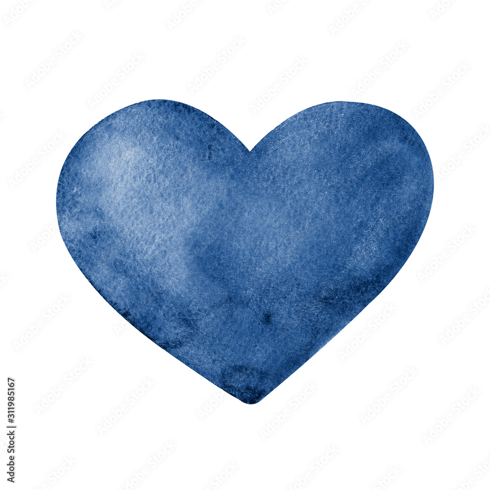 Fototapeta premium Classic blue abstract heart close up. Hand watercolor illustration isolated on white background. Product design for Valentine's Day, wedding, greeting card, invitation, congratulations, print.