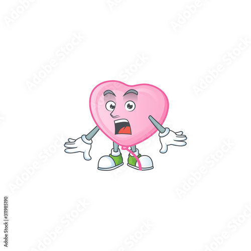 Surprised pink love balloon gesture on cartoon mascot design