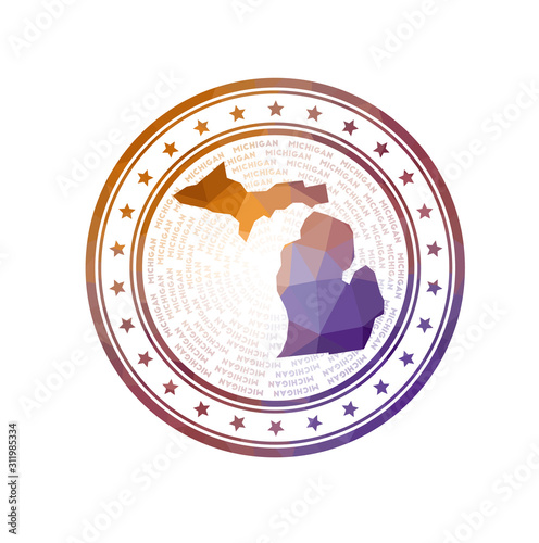 Flat low poly stamp of Michigan. Polygonal Michigan badge. Trendy vector logo of the US state.