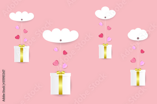 EPS 10 vector. Flying paper cut gift boxes with hearts.