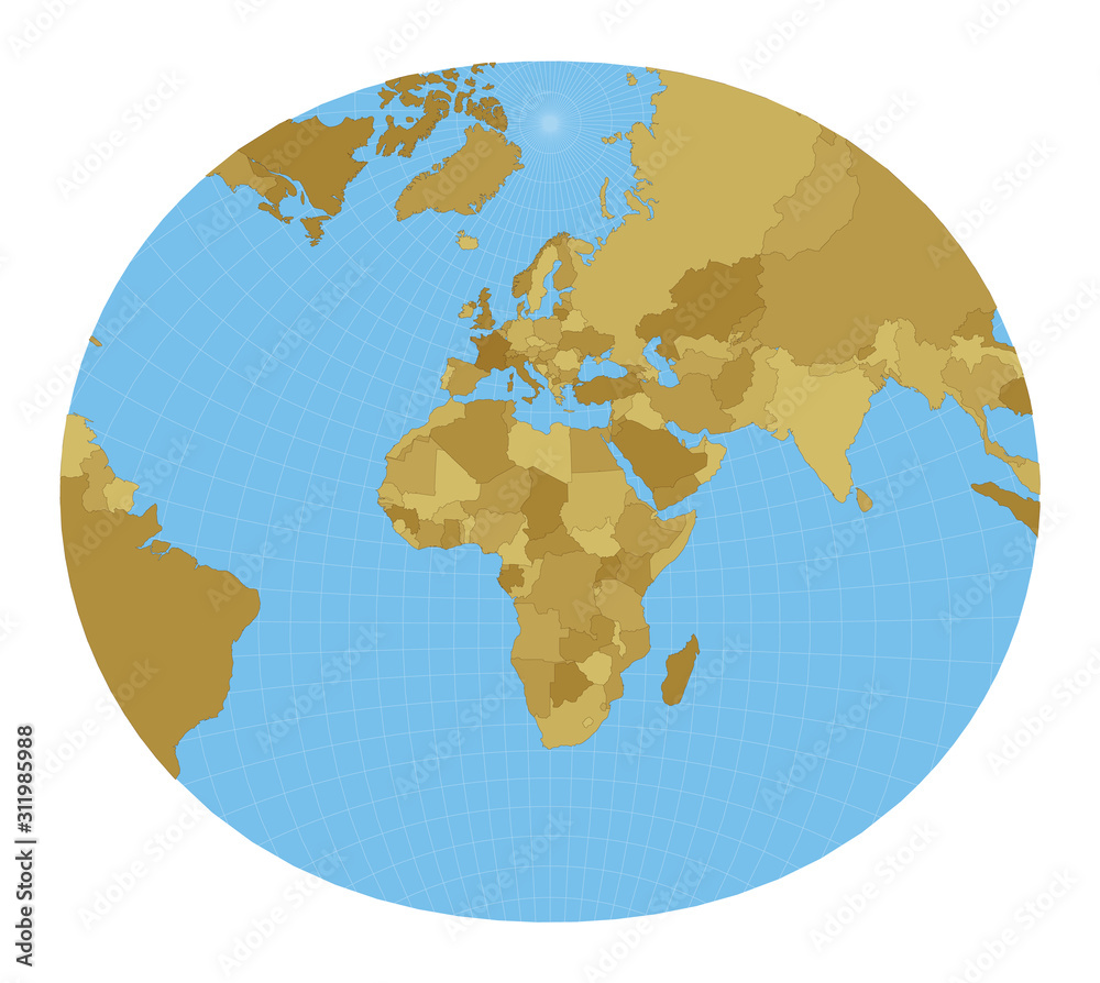 World Map. Modified stereographic projection for Europe and Africa. Map of the world with meridians on blue background. Vector illustration.