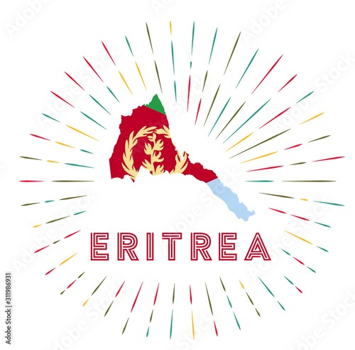 Eritrea sunburst badge. The country sign with a map of Eritrea and the Eritrean flag. Colorful rays around the logo. Vector illustration.