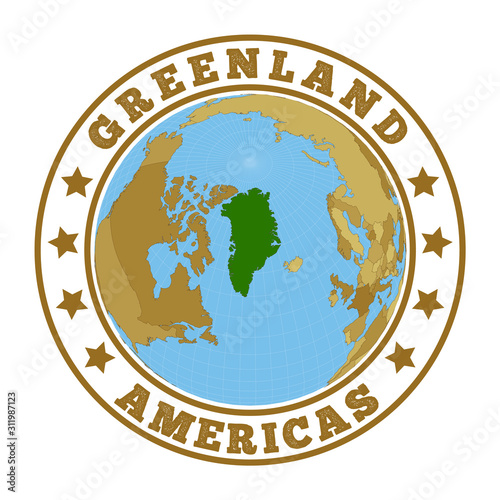 Greenland logo. Round badge of country with map of Greenland in world context. Country sticker stamp with globe map and round text. Vector illustration.