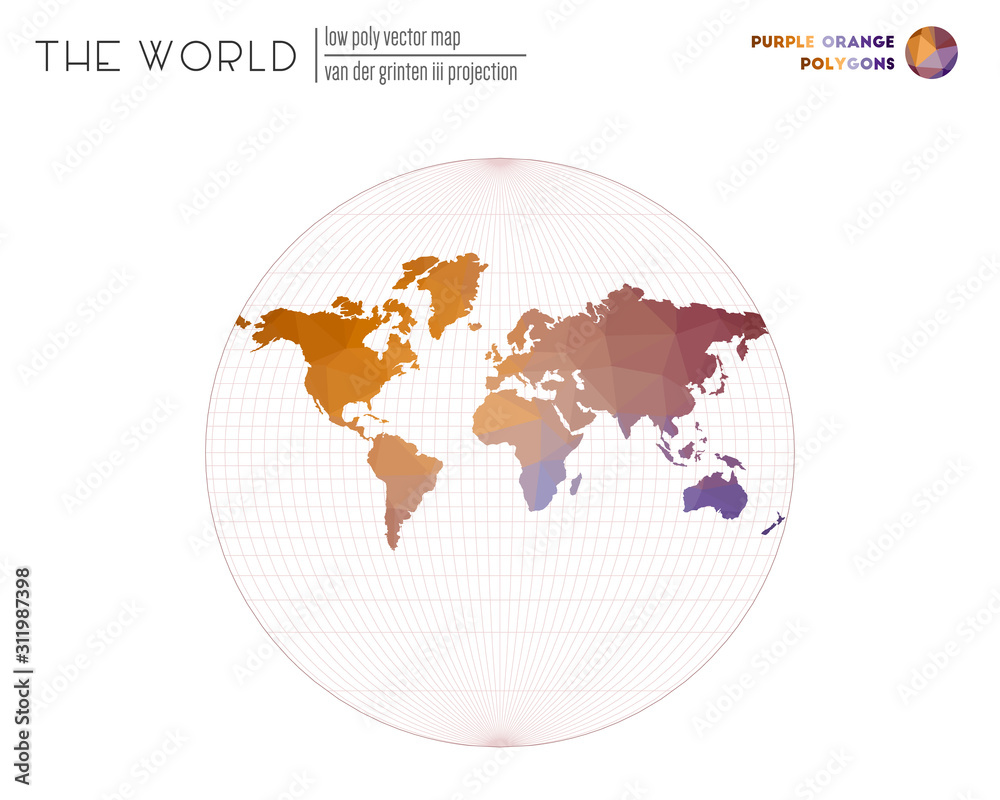 Fototapeta premium Polygonal world map. Van der Grinten III projection of the world. Purple and orange colored polygons. Creative vector illustration.