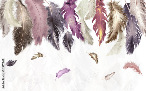 3d illustration, white background, multi-colored feathers of different sizes
