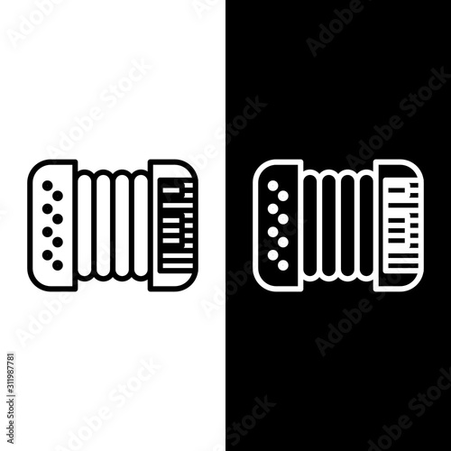 Set line Musical instrument accordion icon isolated on black and white background. Classical bayan, harmonic.  Vector Illustration