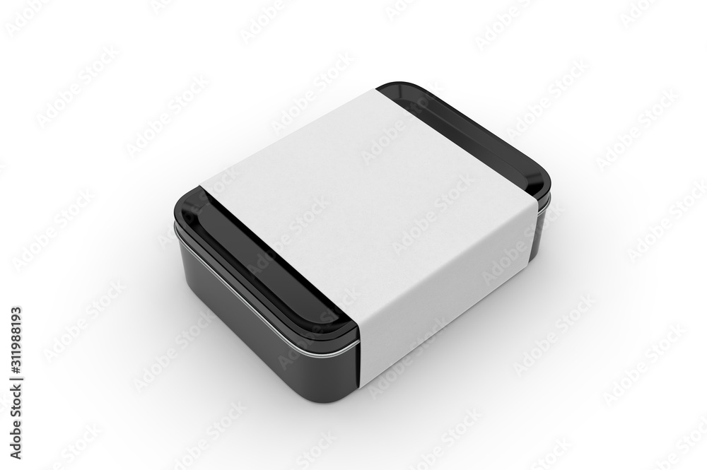 Blank tin box with sleeve paper label for branding, 3d render illustration. Blank tin box with sleeve paper label for branding, 3d render illustration.