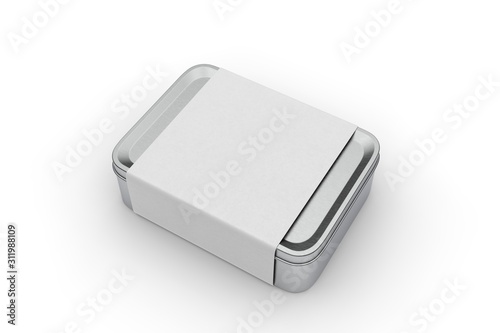 Blank tin box with sleeve paper label for branding, 3d render illustration.