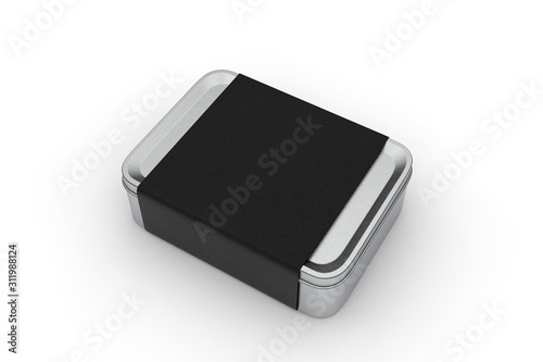 Blank tin box with sleeve paper label for branding, 3d render illustration.
