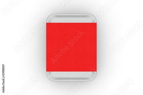 Blank tin box with sleeve paper label for branding  3d render illustration.