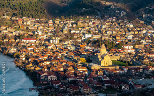 Nice view of Mtskheta from Jvari Monastery in the morning , Unesco sites in Mtskheta , Georgia photo