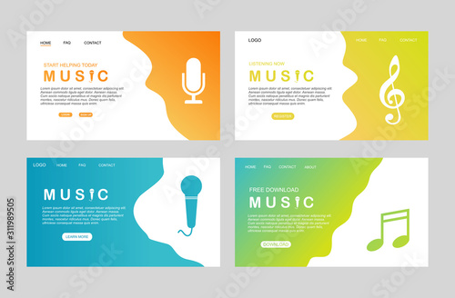 landing page of Flat music player template for web and mobile apps. Media player application, app template with flat design style for smartphones, PC or tablets