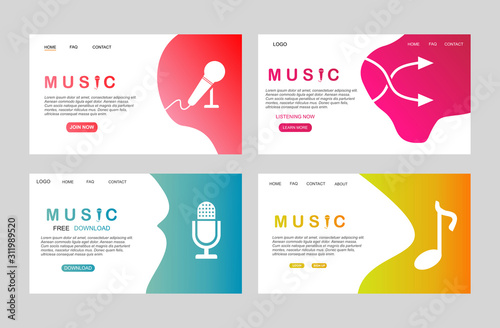 landing page of Flat music player template for web and mobile apps. Media player application, app template with flat design style for smartphones, PC or tablets