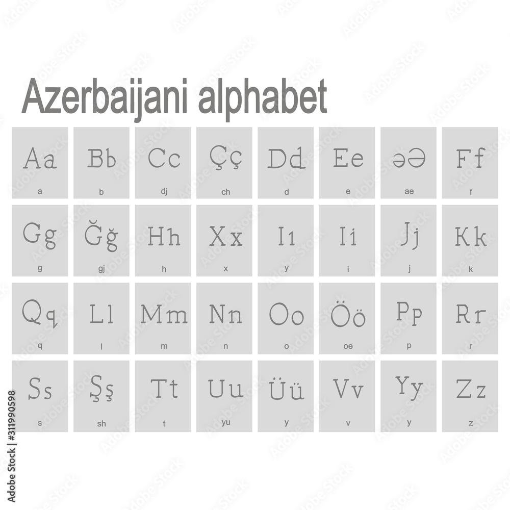 Set of monochrome icons with Azerbaijani alphabet