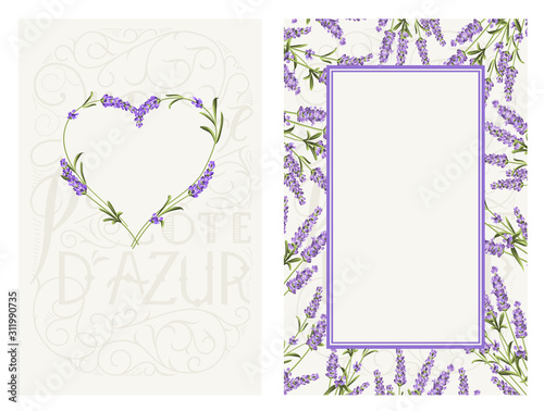 Marriage invitation card with text place and flower frame. Lavender frame for provence card. Printable vintage marriage invitation with flowers over gray. Lavender sign label. Vector illustration.