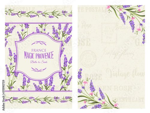 Lavender frame for invitation and other printing or web projects. The provence greeting card with frame of flowers and text place. Label with lavender flowers. Vector illustration.