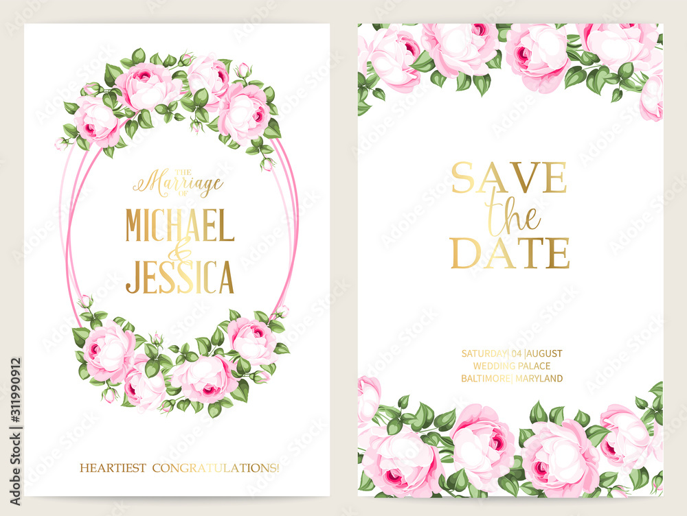 Save the date card with text place and flower frame. Summer rose flowers frame for invitation card. Botanical marriage invitation with flowers over white background. Vector illustration.