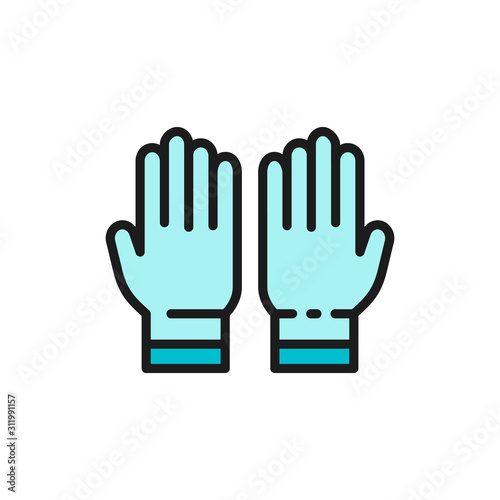 Protective rubber gloves, tattoo studio accessory flat color line icon.