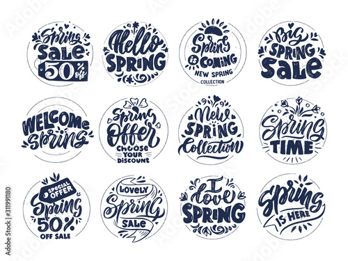 Seasonal sale black ink lettering vector logos set. Spring sellout promotional retro style stickers