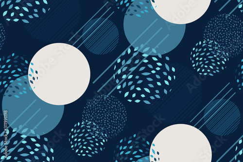Seamless abstract pattern with white, turquoise, blue luminous textured circles on a dark background. Geometric print, magic grunge texture, Wallpaper. Vector illustration in the style of Memphis.