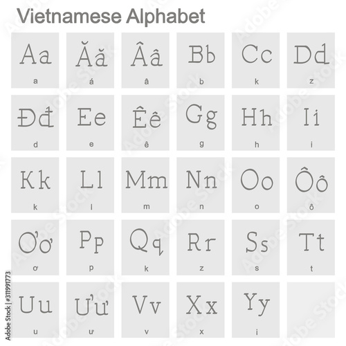 Set of monochrome icons with Vietnamese alphabet